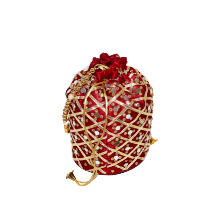 Traditional Handmade Cotton Red Potli Bag with Beads and Mirror Work